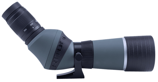 Riton Optics 5 Primal 15-45x60mm Angled Spotting Scope features a gray and black aluminum body
